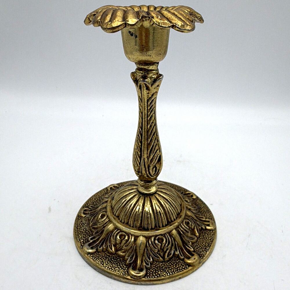 Godinger Gold Tone Metal Floral Taper Candle Holder Round brass Finish